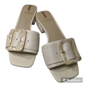 NIB Sam Edelman Deacon Slide Sandal Ivory Faux Tort Buckle Women's 6M *READ*